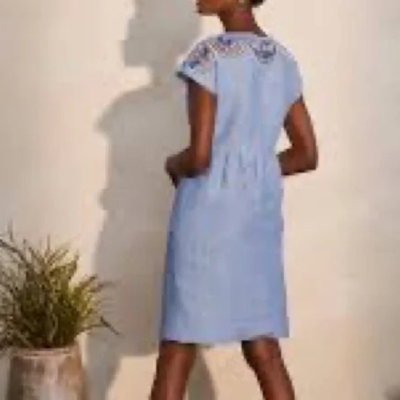 Boden Fleur Embroidered Linen Dress in Gray Blue Chambray Sz 6 - Picture 5 of 14